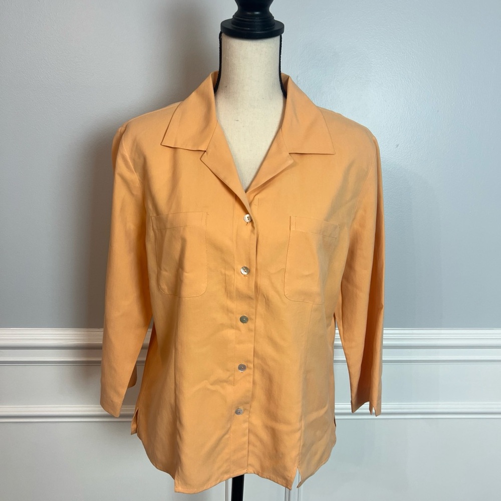 Anne Carson 100% Silk Peach Button Down Blouse Size Large Career